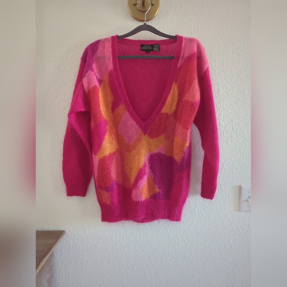 Jeanne Pierre Mohair Knit Cardigan Sweater Women Multicolor Crazy Pattern Small